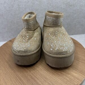 Rock & Candy Boots Girls 11 Beige Sanso Faux Suede Fur Rhinestone Ankle Platform